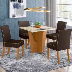 Conjunto de Mesa Henn Vértice Com 4 Cadeiras Maris 90x90cm Com Tampo de Vidro Nature/Off White/Marrom S207-127/S06-500