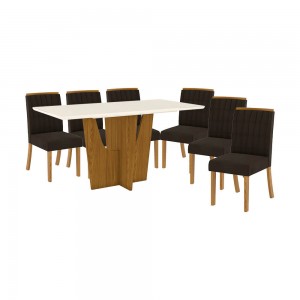 Conjunto de Mesa Henn Vértice Com 6 Cadeiras Tauá 160x80cm com Tampo de Vidro Nature/Off White/Marrom S203-127/S04-500