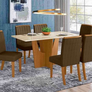 Conjunto de Mesa Henn Vértice Com 6 Cadeiras Tauá 160x80cm com Tampo de Vidro Nature/Off White/Bege S203-127/S04-501