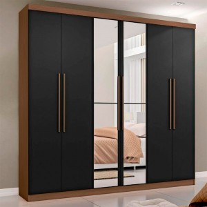 Guarda-Roupa Mapi Móveis Montreal 6 Portas 3 Gavetas com Espelho Nogueira/Preto 9966.15