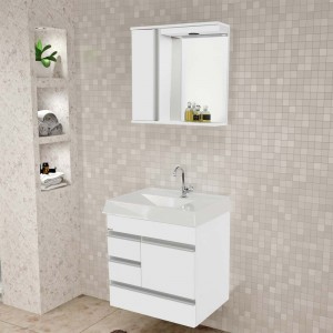 Conjunto para Banheiro A.J. Rorato Nápole 3 Gavetas 2 Portas 59,5cm Largura Pia + Espelho Branco