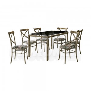 Conjunto de Mesa Decorlidi 160x80cm com 6 Cadeira Marrocos Vidro Serigrafado Temperado Ouro Envelhecido CD043 G