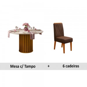 Conjunto de Mesa DJ Móveis Viena Redondo de Madeira e Vidro 136cm com 6 Cadeiras Diva Freijo/Off White-Ipê/Veludo Moca