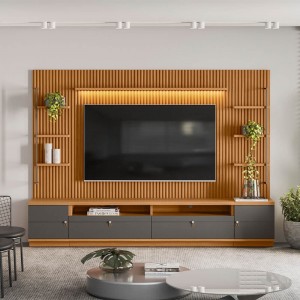 Conjunto Linea Brasil Rack + Painel + 2 Módulos Lateral Ouro Preto Ripado Nature/Chumbo 810010148-207063