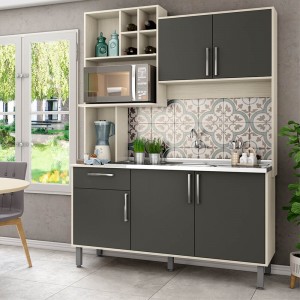Cozinha Compacta Jaeli Bia 5 Portas 1 Gaveta 151x210x53cm Nebraska/Chumbo J-681NKCH