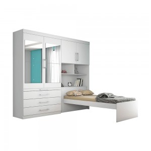 Dormitório Conjugado Solteiro Móveis Europa Lyon 4 Portas 3 Gavetas Com Espelho Com Cama Branco Acetinado 13130