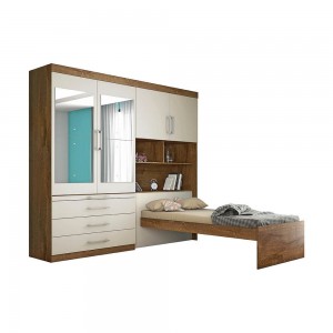 Dormitório Conjugado Solteiro Móveis Europa Lyon 4 Portas 3 Gavetas Com Espelho Com Cama Braúna/Off White 13130