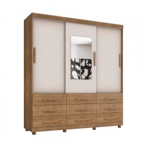 Guarda-Roupa Móveis Lanza Ascoli 3 Portas de Correr 9 Gavetas Com Espelho Com Pés Noce Bronze/Noce Bronze/Off White