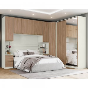 Quarto Modulado Henn Seletto Casal 2 Portas de Correr Com Espelho Areia/Jequitibá 100% MDF