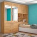 Dormitório Conjugado Solteiro Móveis Europa Lyon 4 Portas 3 Gavetas Com Espelho Com Cabeceira Baú Amêndoa 100% MDF 13132